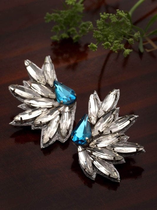 Crystal Studded Floral Shaped Handcrafted Silver Plated Earrings