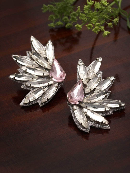Crystal Studded Floral Shaped Handcrafted Silver Plated Earrings