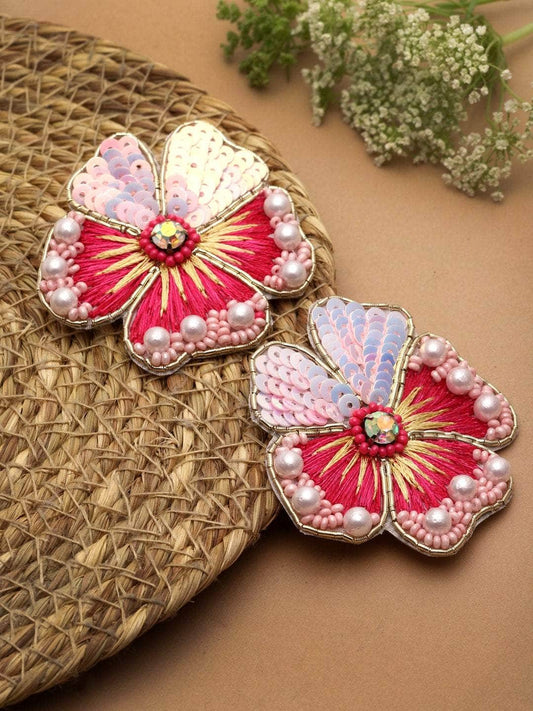 Pearl Beaded Floral Shaped Handcrafted Silver Plated Earrings