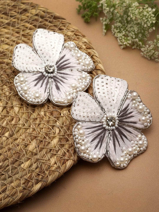 Pearl Beaded Floral Shaped Handcrafted Silver Plated Earrings