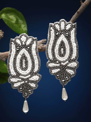 Pearl Beaded Floral Shaped Handcrafted Silver Plated Earrings