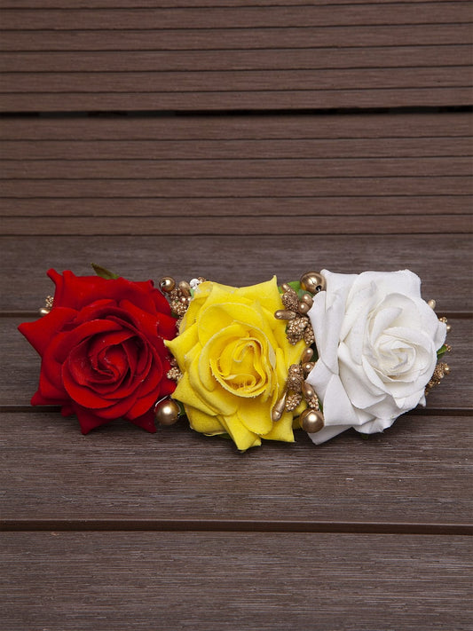 Red Yellow and White Floral Design Beaded and Lace Handcrafted Bun Pin