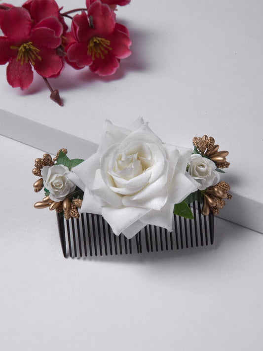 Women Off White & Green Embellished Comb Pin