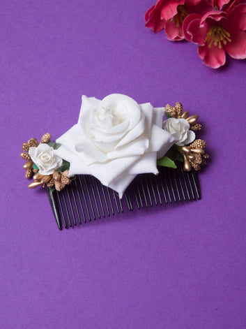 Women Off White & Green Embellished Comb Pin