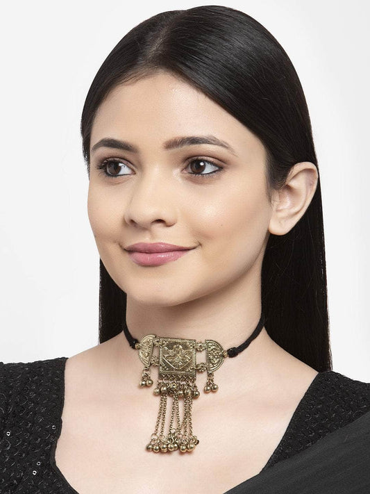 Gold-Toned & Brass-Plated Handcrafted Tribal Temple Design Choker Necklace