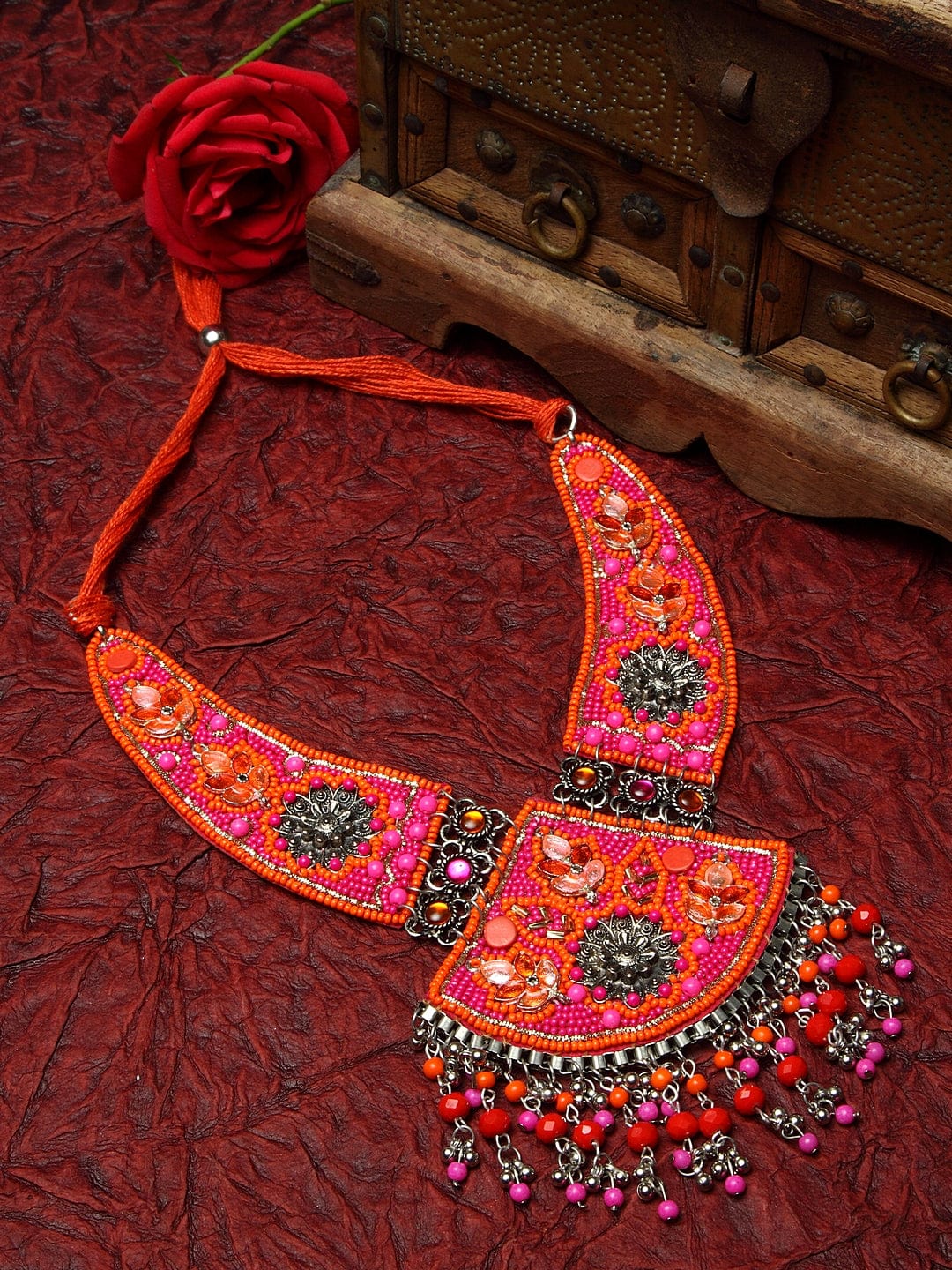 Pink & Orange Brass Silver-Plated Choker Necklace