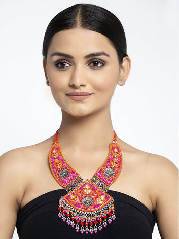 Pink & Orange Brass Silver-Plated Choker Necklace