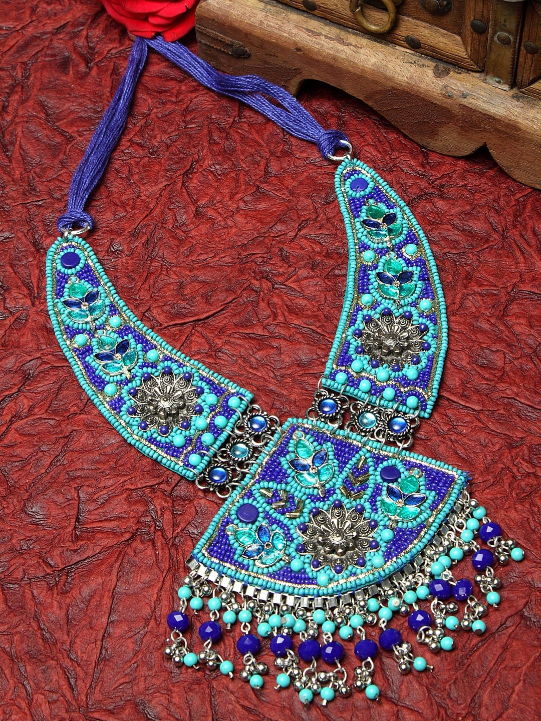 Blue & Sea Green Brass Silver-Plated Handcrafted Choker Necklace