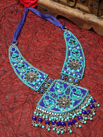Blue & Sea Green Brass Silver-Plated Handcrafted Choker Necklace