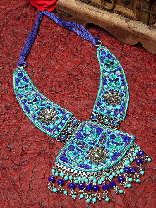 Blue & Sea Green Brass Silver-Plated Handcrafted Choker Necklace