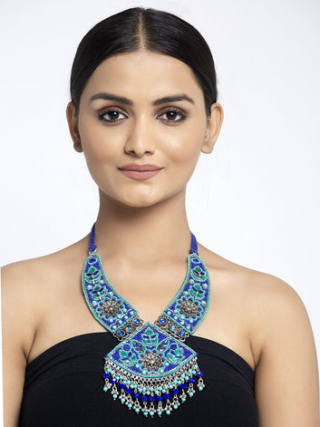 Blue & Sea Green Brass Silver-Plated Handcrafted Choker Necklace