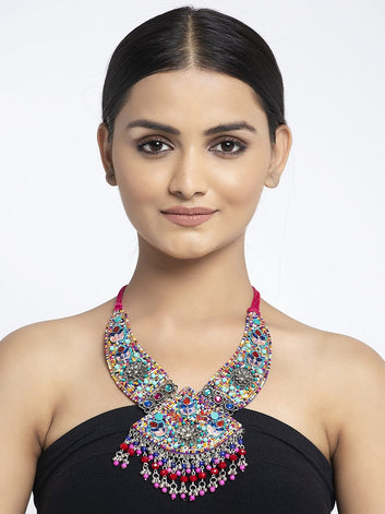 Silver-Toned & Pink Brass Handcrafted Necklace