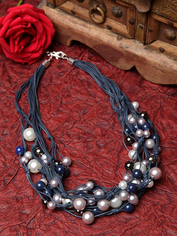 Teal Blue & Off-White Silver-Plated Handcrafted Layered Necklace