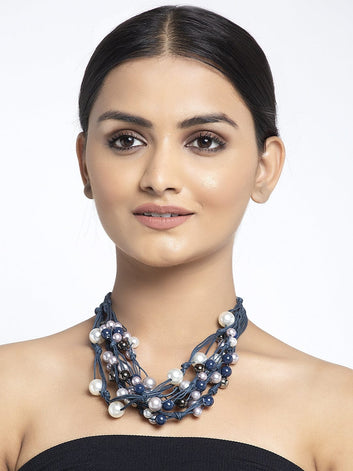 Teal Blue & Off-White Silver-Plated Handcrafted Layered Necklace