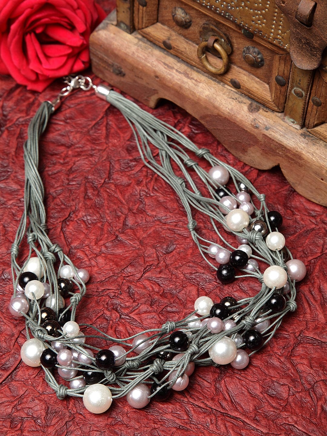 Silver-Toned & Black Brass Silver-Plated Layered Necklace