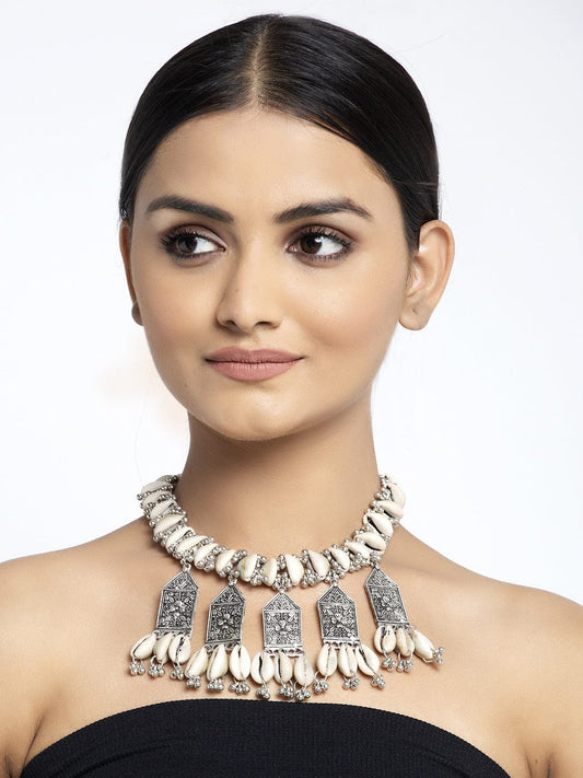 Silver-Toned & Cream-Coloured Brass Silver-Plated Choker Necklace