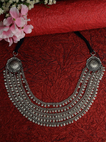 Silver-Toned & Black Brass Silver-Plated Layered Necklace