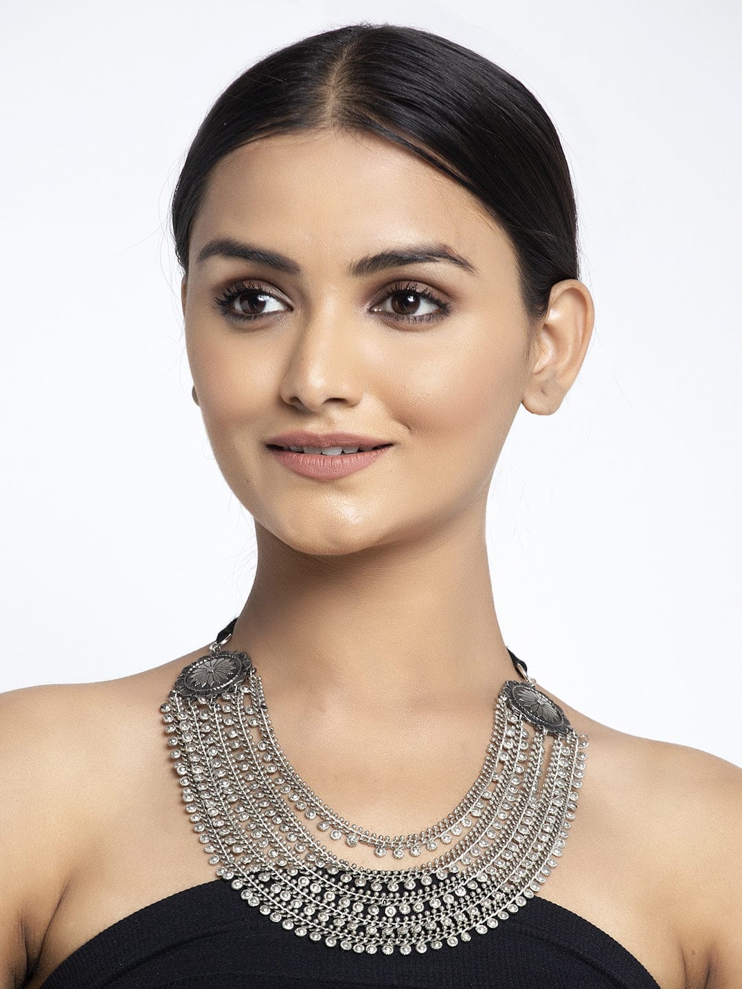 Silver-Toned & Black Brass Silver-Plated Layered Necklace