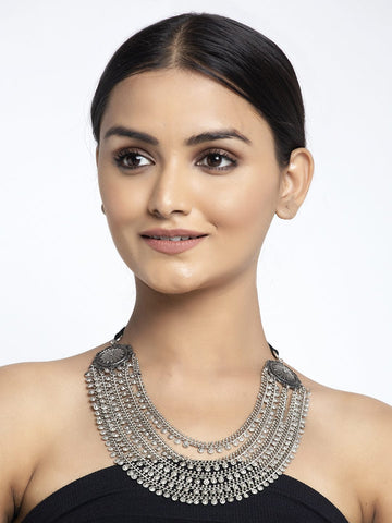 Silver-Toned & Black Brass Silver-Plated Layered Necklace