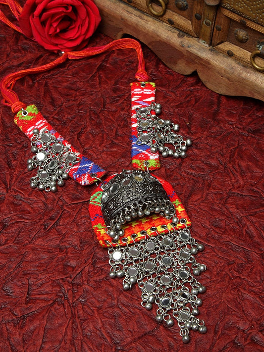 Blue & Red Silver-Plated Mirror Handcrafted Afghan Tasselled Oxidised Necklace
