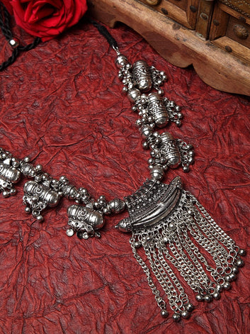 Silver-Toned Brass Oxidised Afghan Tasselled Design Handcrafted Tribal Necklace