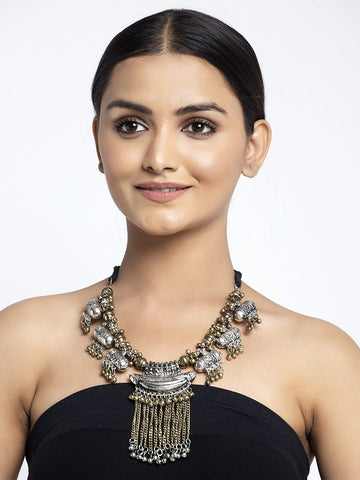 Gold-Toned & Silver-Toned Brass Gold-Plated Oxidised Necklace