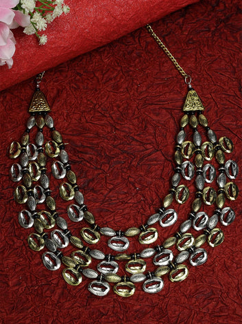 Gold-Plated & Silver-Toned Handcrafted Antique Oxidised Layered Necklace