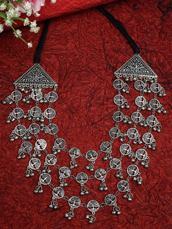 Silver-Toned & Black Brass Silver-Plated Layered Necklace