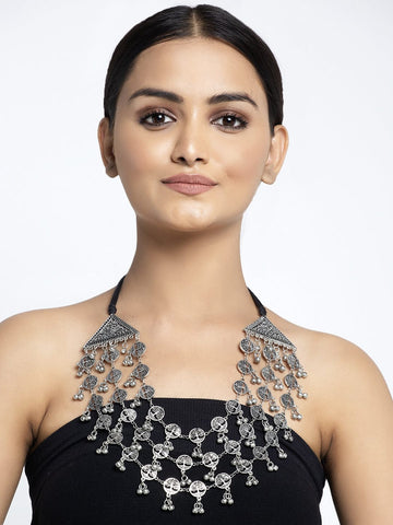 Silver-Toned & Black Brass Silver-Plated Layered Necklace