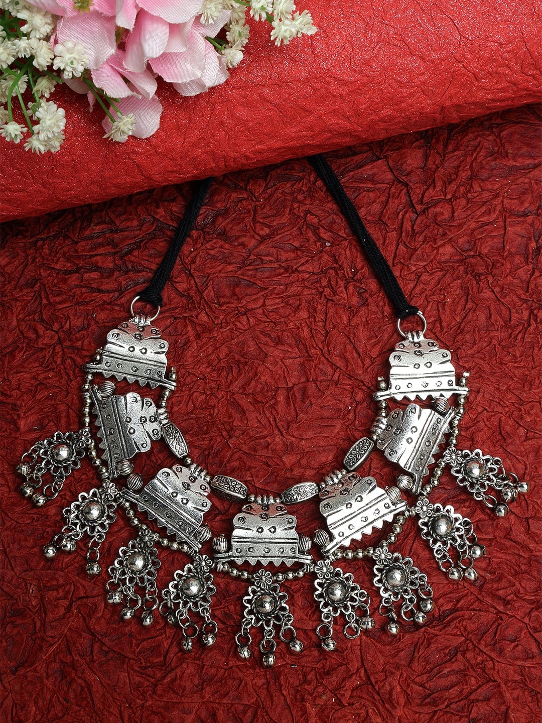 Silver-Plated & Black Oxidised Tribal Tasselled Necklace