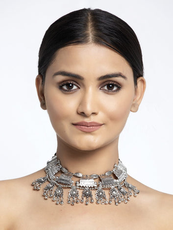 Silver-Plated & Black Oxidised Tribal Tasselled Necklace