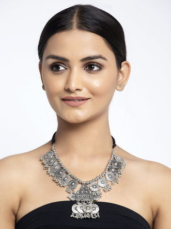 Silver-Toned & Black Brass Silver-Plated Temple Necklace