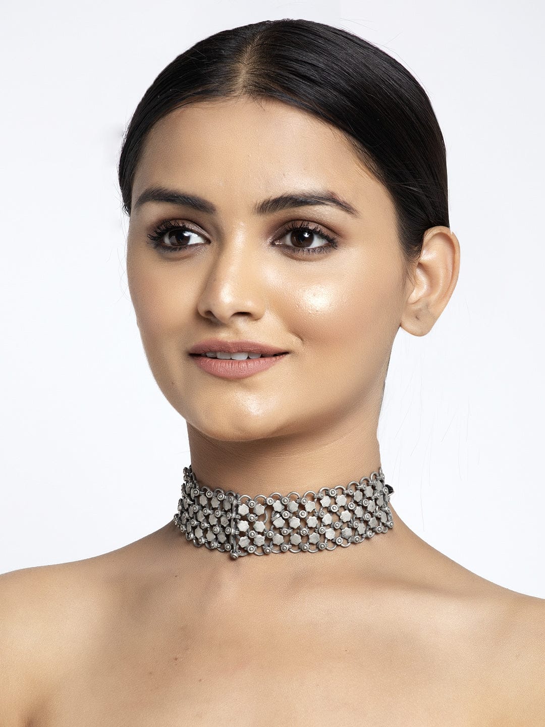 Silver-Toned & Black Brass Silver-Plated Choker Necklace