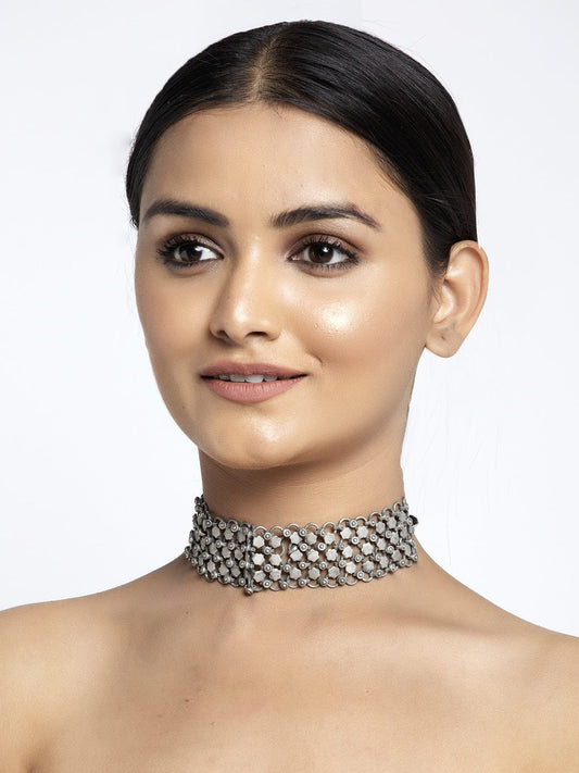 Silver-Toned & Black Brass Silver-Plated Choker Necklace