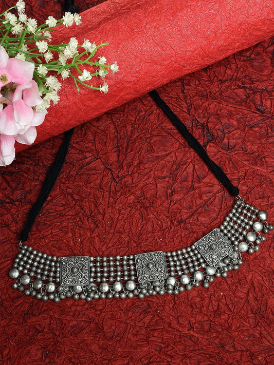 Silver-Plated Ghungroo Handcrafted Temple Oxidised Antique Choker Necklace