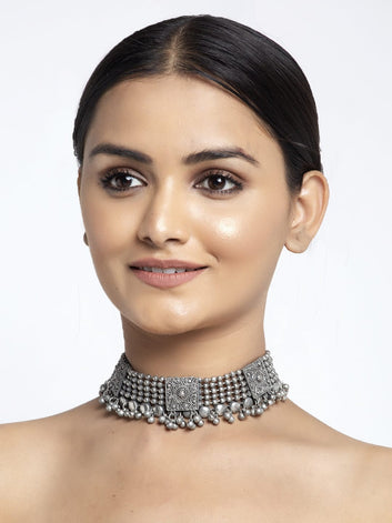Silver-Plated Ghungroo Handcrafted Temple Oxidised Antique Choker Necklace