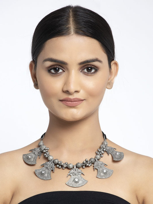 Silver-Plated Tribal Handcrafted Ghungroo Antique Temple Oxidised Necklace