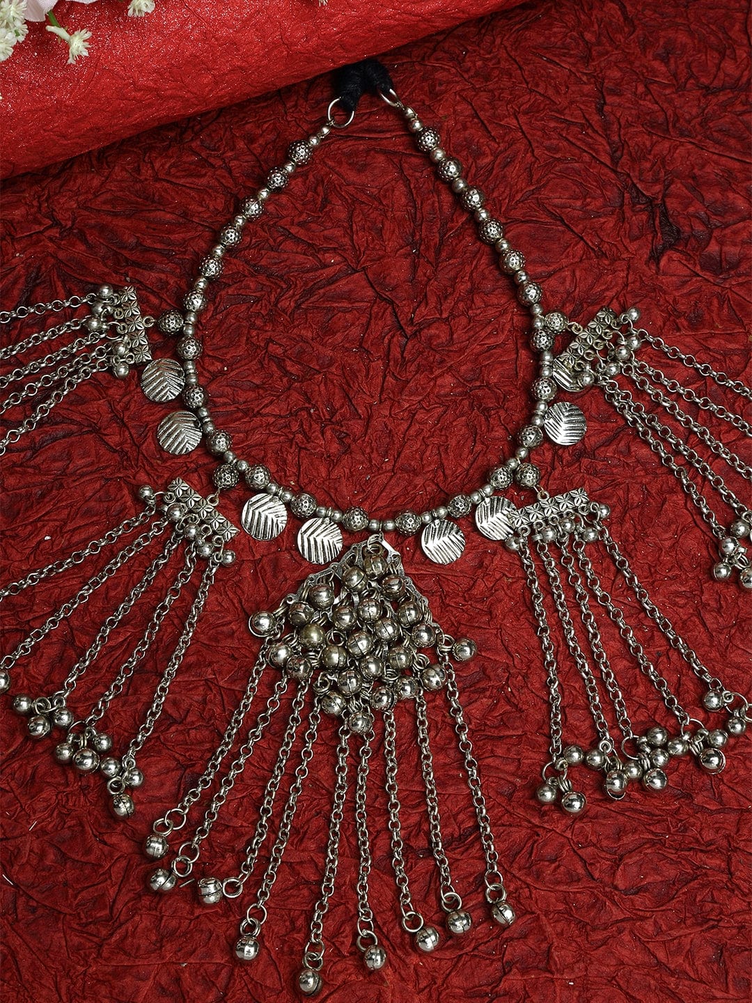 Silver-Plated Handcrafted Ghungroo Antique Tribal Tasselled Oxidised Necklace