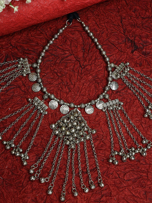 Silver-Plated Handcrafted Ghungroo Antique Tribal Tasselled Oxidised Necklace