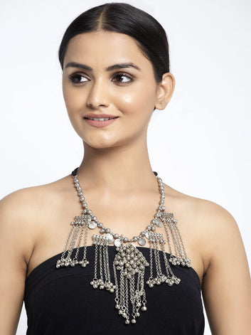 Silver-Plated Handcrafted Ghungroo Antique Tribal Tasselled Oxidised Necklace
