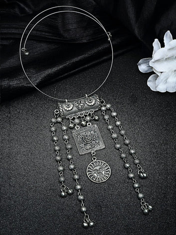 Silver-Toned Brass Silver-Plated Oxidised Necklace