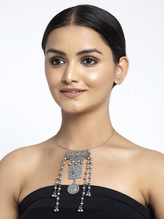 Silver-Toned Brass Silver-Plated Oxidised Necklace