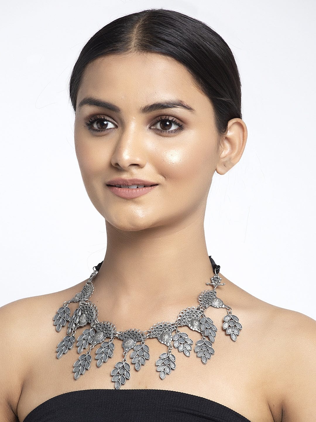 Gunmetal-Toned & Black Brass Silver-Plated Oxidised Necklace