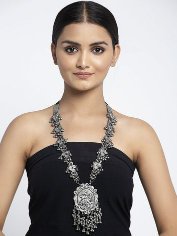 Silver-Plated & Black Brass Ghungroo Oxidised Necklace