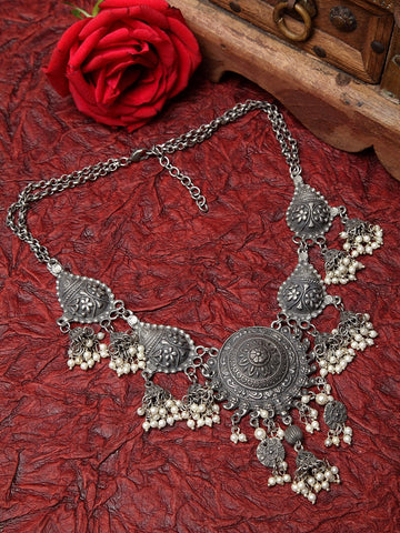 Silver-Toned & White Brass Handcrafted Oxidised Necklace