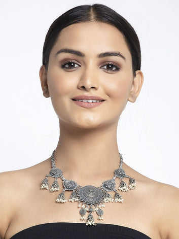 Silver-Toned & White Brass Handcrafted Oxidised Necklace