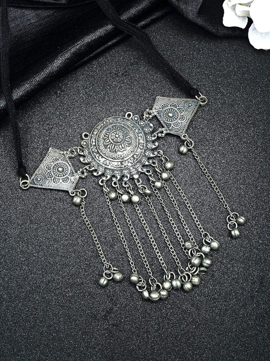 Silver-Toned & Black Brass Silver-Plated Oxidised Necklace
