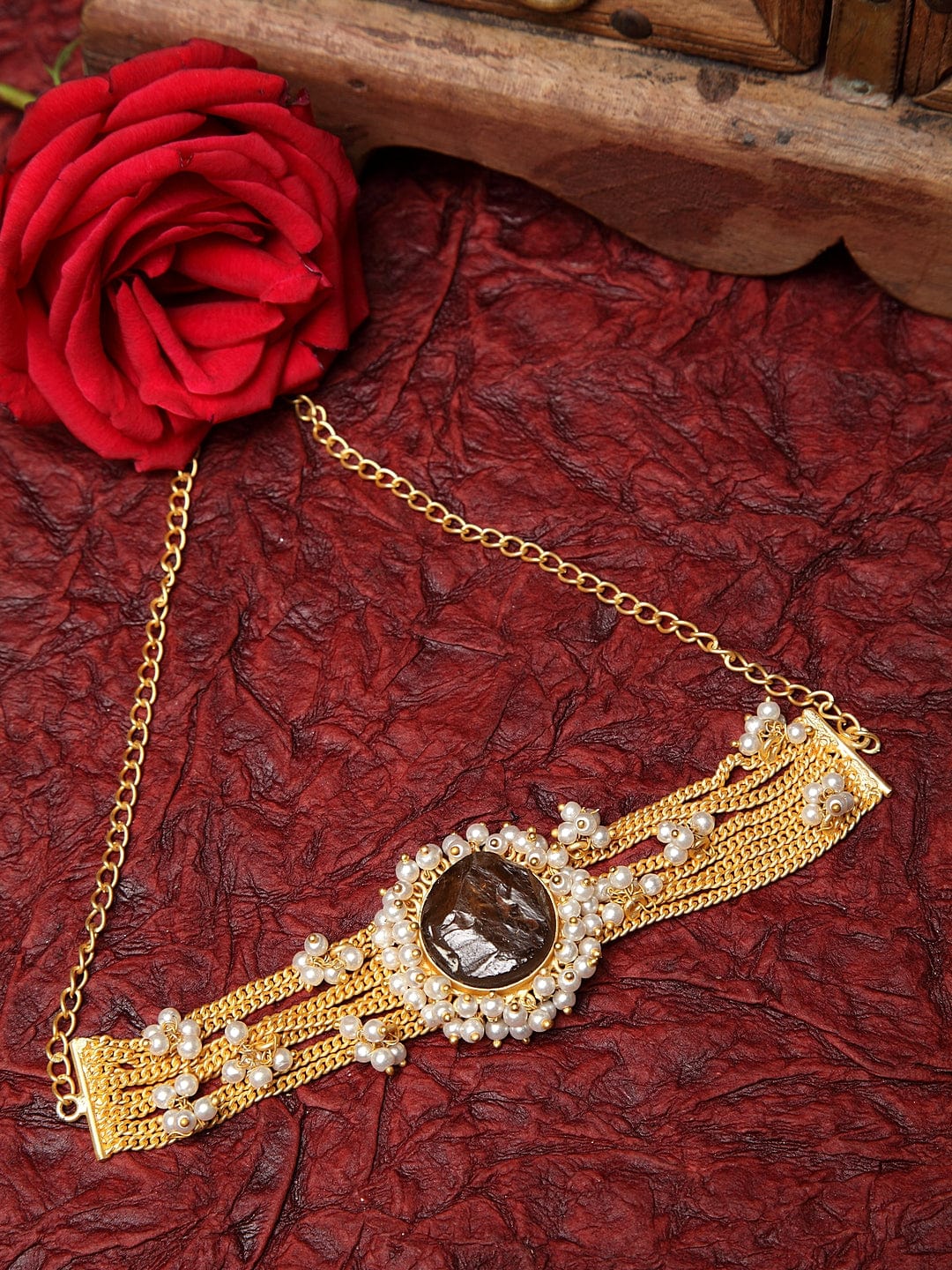 Gold-Plated Brass Druzy Stone and Pearls Studded Choker Necklace