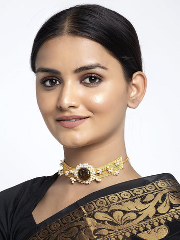 Gold-Plated Brass Druzy Stone and Pearls Studded Choker Necklace