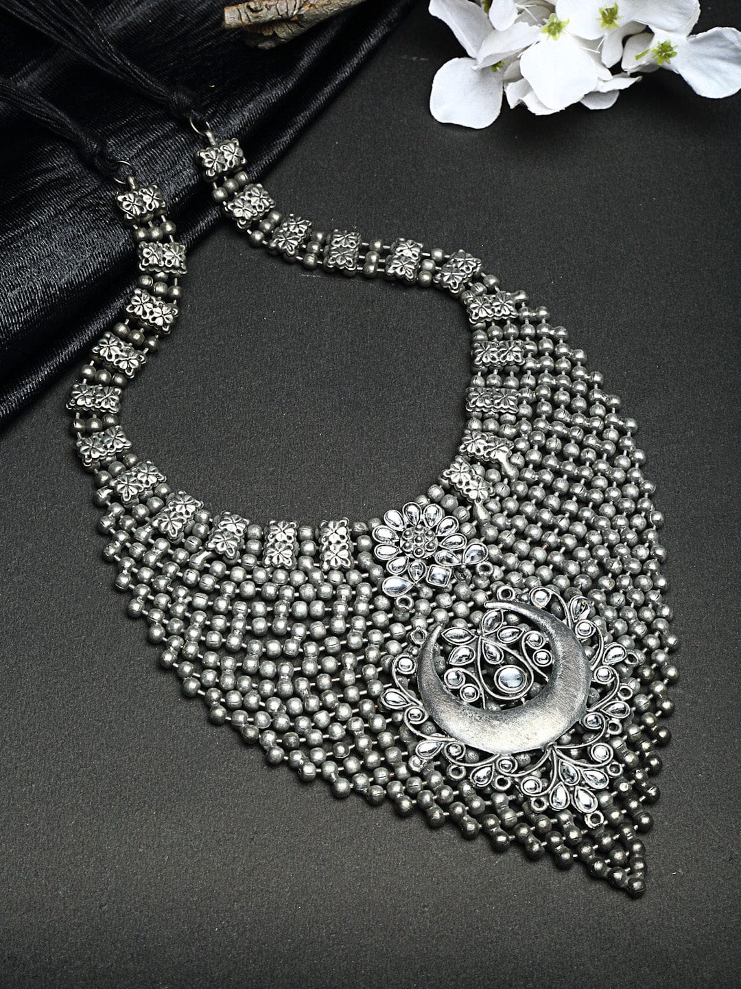 Silver-Toned Brass Handcrafted Ghungroo Studded Layered Temple Design Necklace